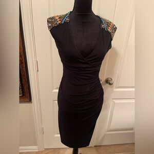 Cache Black Midi Dress with Embellished Shoulders